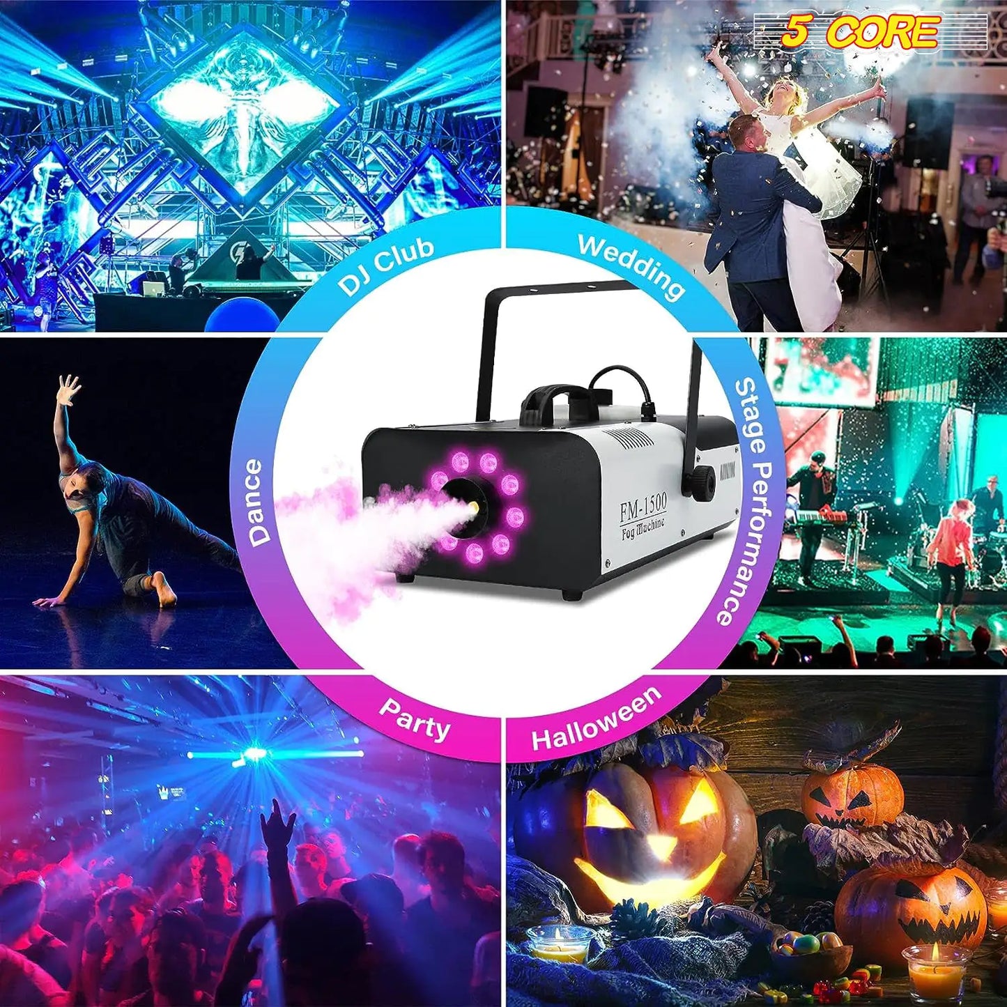 5 Core Fog Machine Indoor Outdoor 1500W 6000CFM Fogger Smoke Machine w LED 2.5 L Tank Remote