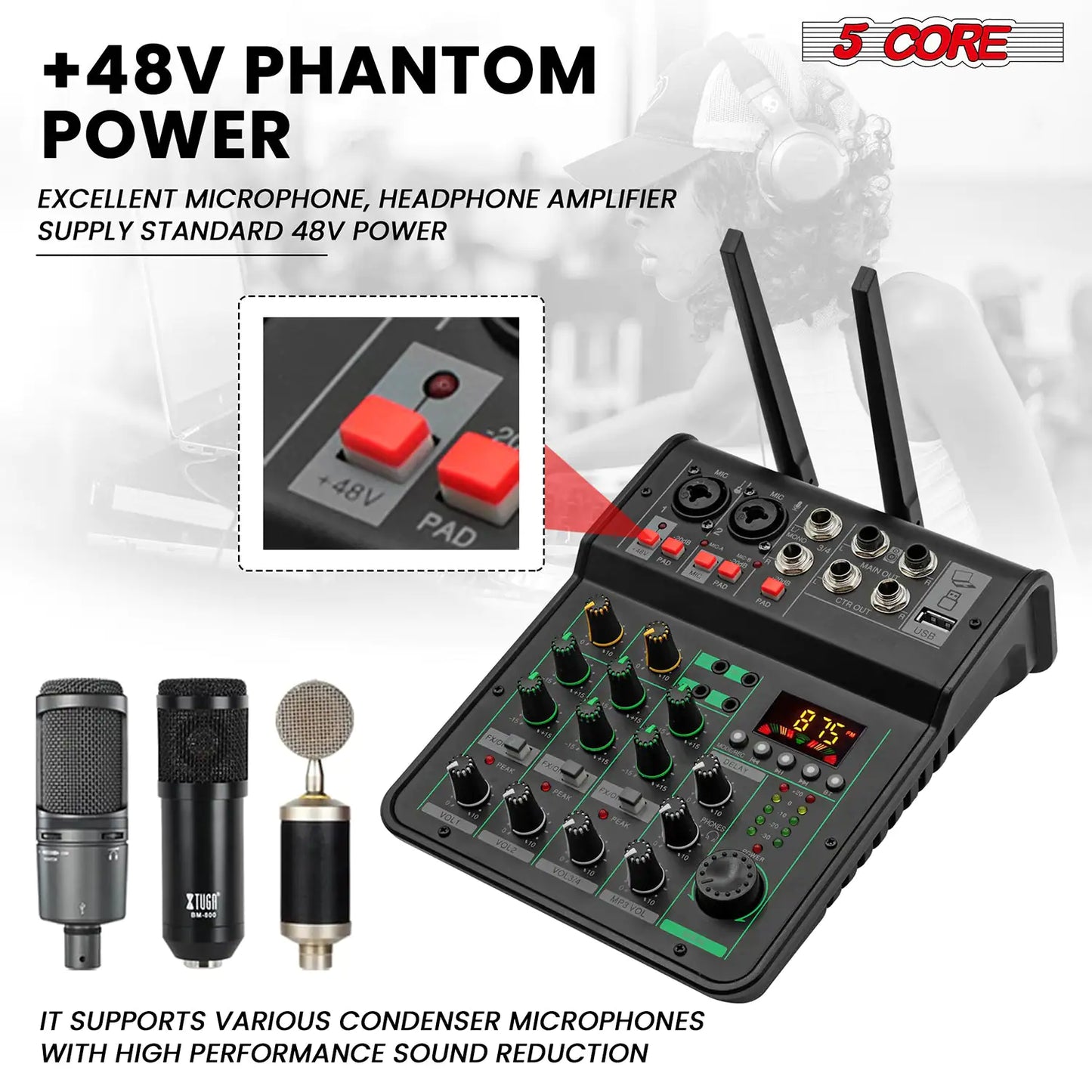 5Core Audio Mixer Sound Board 4 Channel PA DJ Stereo Receiver w Bluetooth USB DJ PA Karaoke Mixing