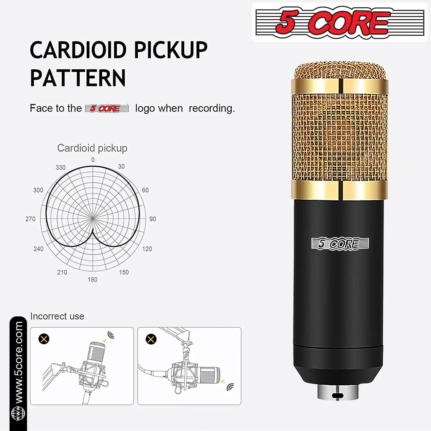 5Core Recording Microphone Podcast Bundle Professional Condenser Cardioid Mic Kit w Boom Arm