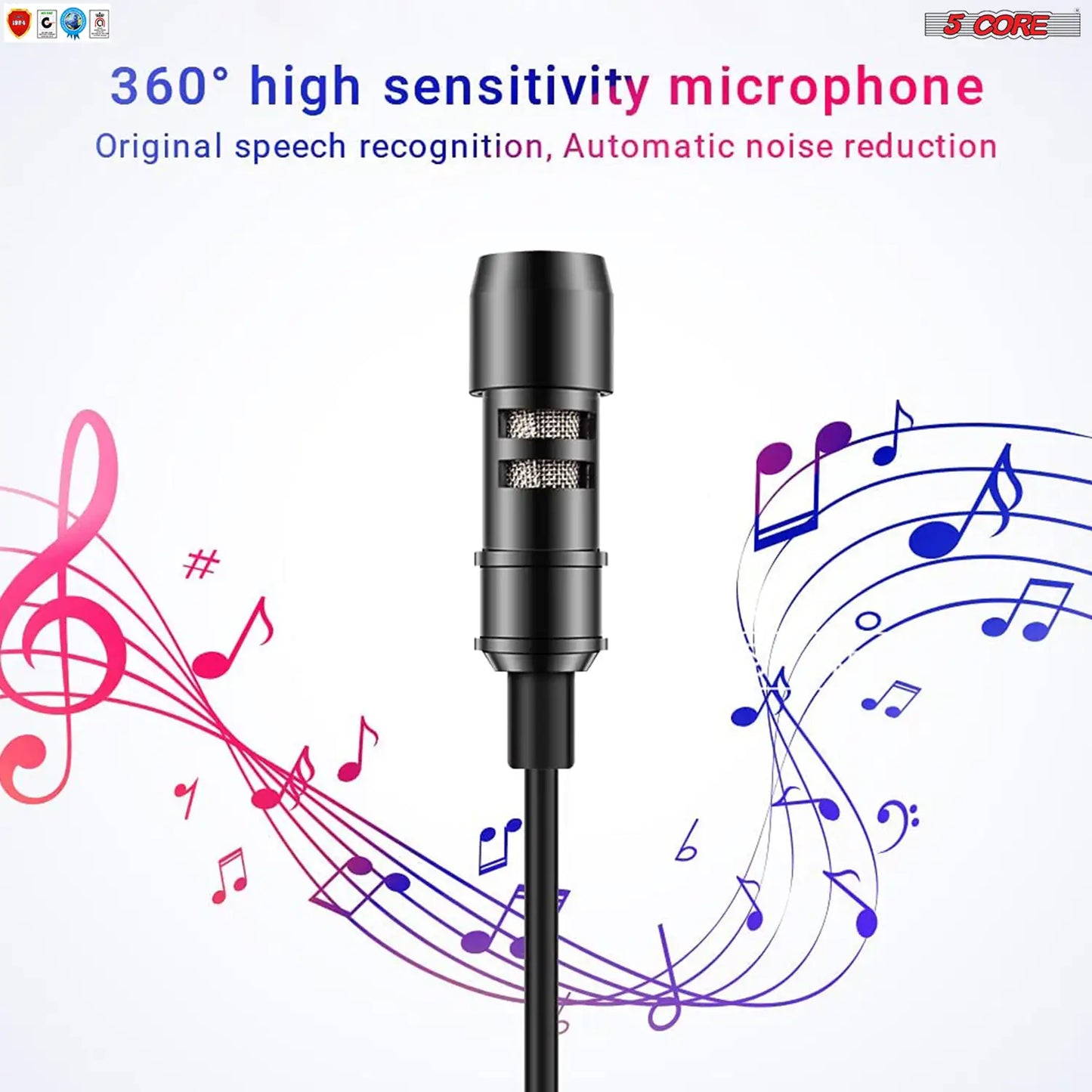 5Core Lavalier Microphone Clip On Professional Grade 3.5mm Lapel Mic Omnidirectional Lav Mic