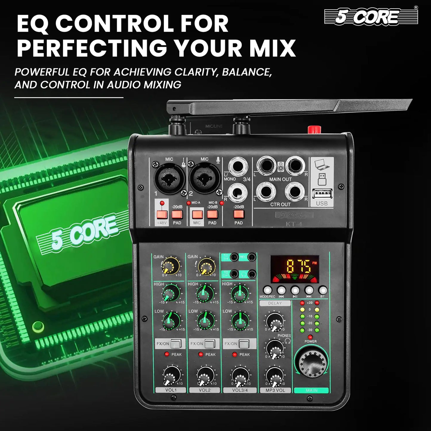 5Core Audio Mixer Sound Board 4 Channel PA DJ Stereo Receiver w Bluetooth USB DJ PA Karaoke Mixing