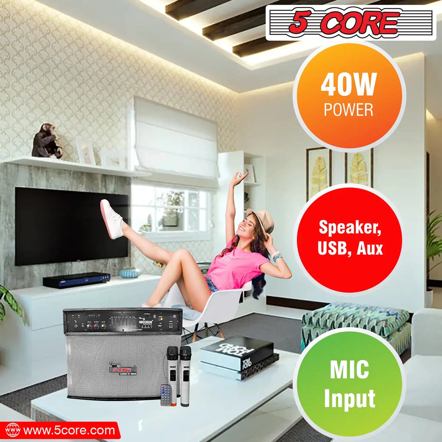 5 Core Wireless Portable PA System 400W PMPO Active Powered Bluetooth Compatible Karaoke Speaker