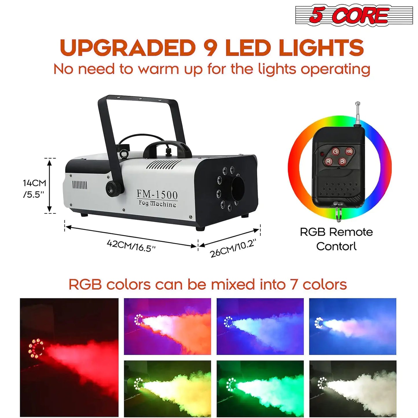 5 Core Fog Machine Indoor Outdoor 1500W 6000CFM Fogger Smoke Machine w LED 2.5 L Tank Remote