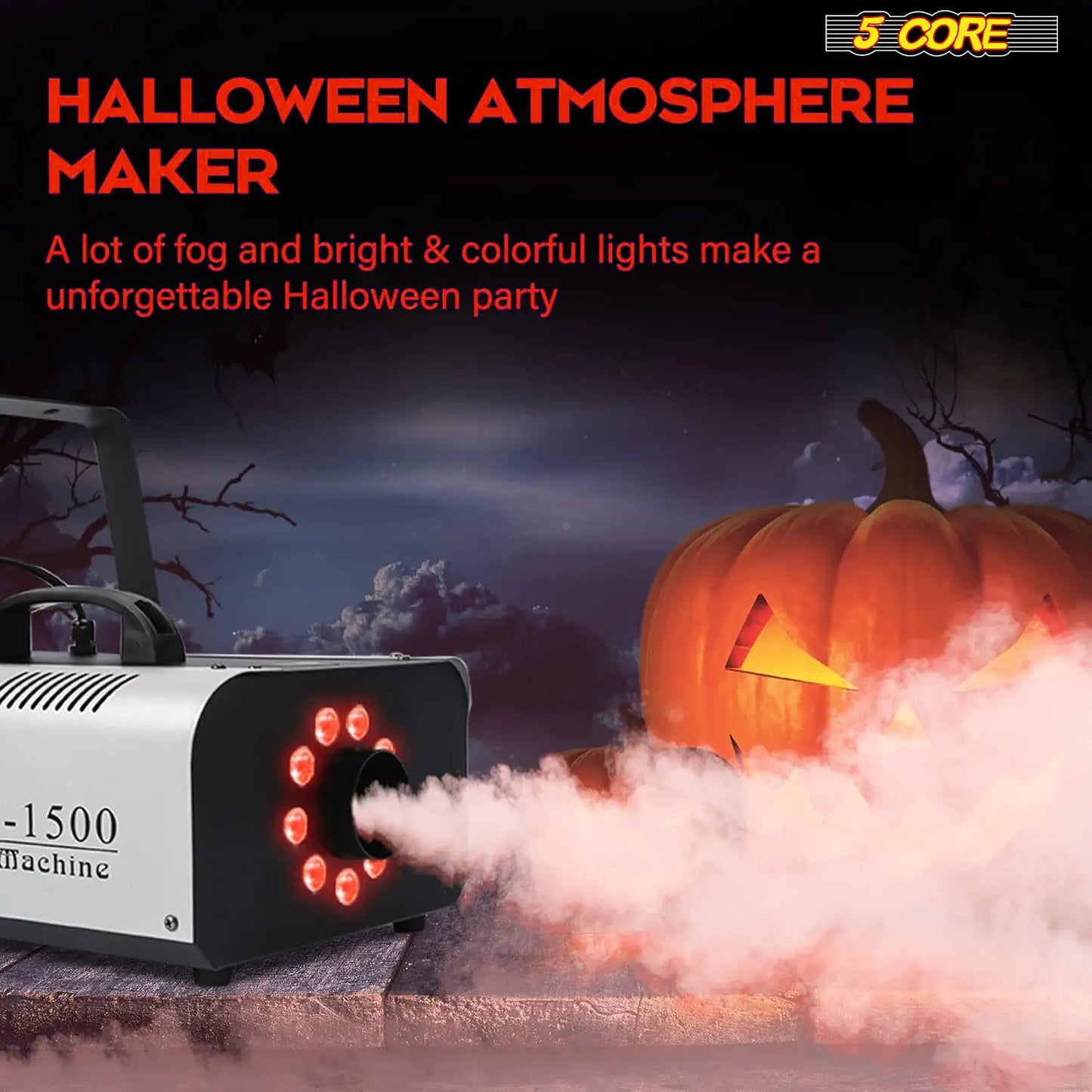 5 Core Fog Machine Indoor Outdoor 1500W 6000CFM Fogger Smoke Machine w LED 2.5 L Tank Remote