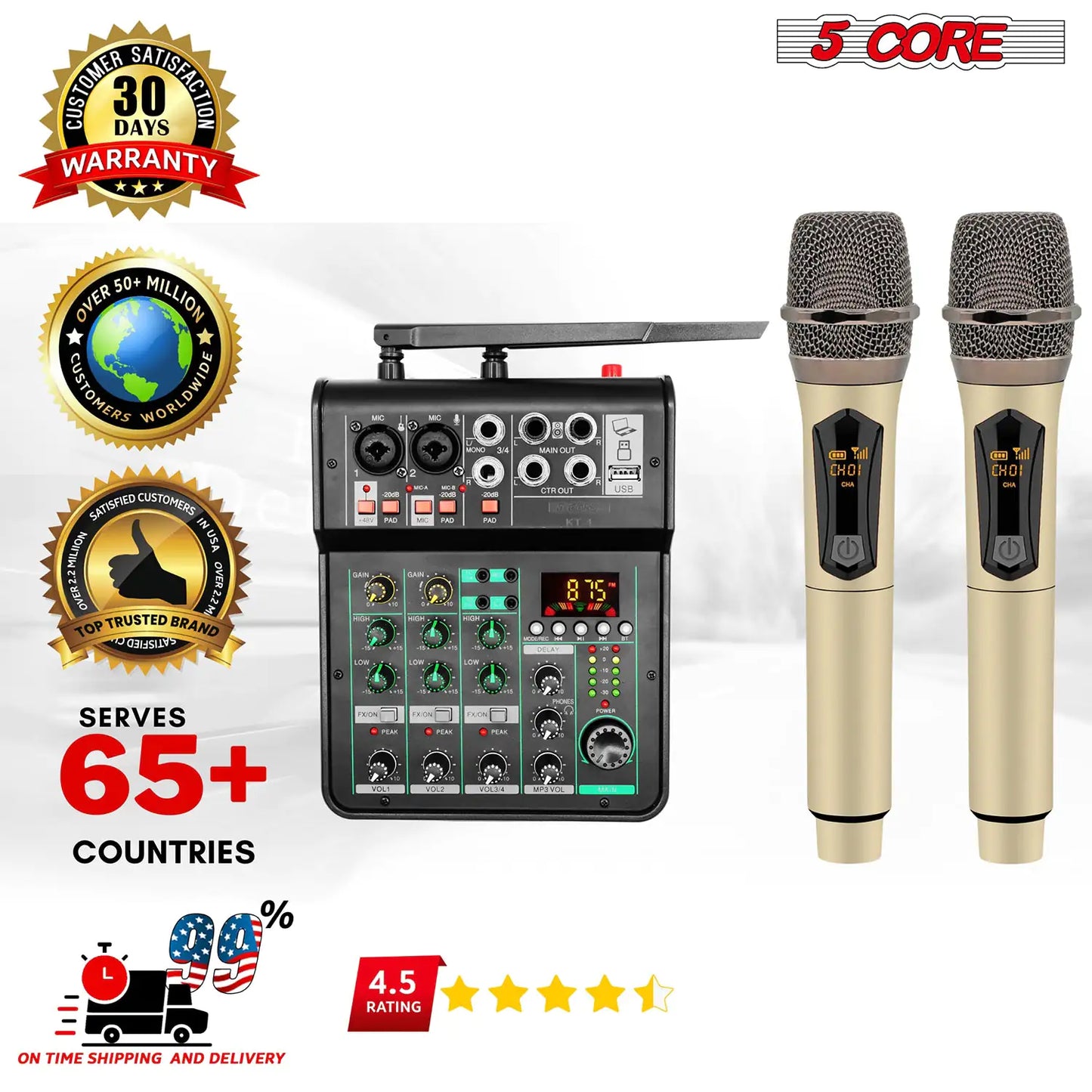 5Core Audio Mixer Sound Board 4 Channel PA DJ Stereo Receiver w Bluetooth USB DJ PA Karaoke Mixing