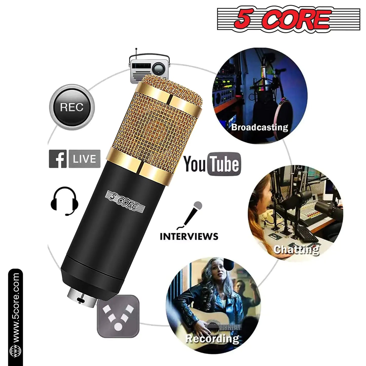 5Core Recording Microphone Podcast Bundle Professional Condenser Cardioid Mic Kit w Boom Arm