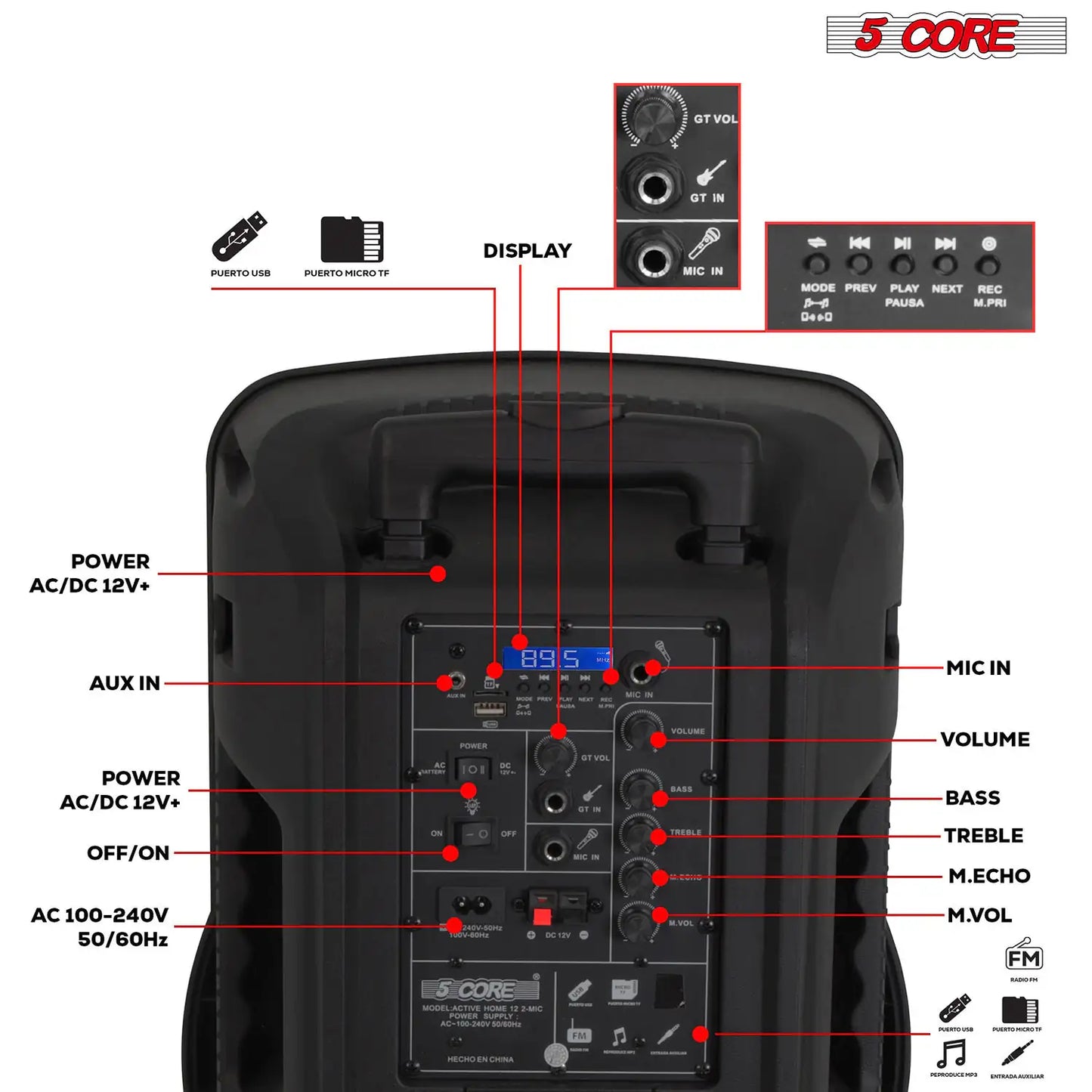 5Core 12 inch PA Portable Bluetooth Party Speaker Karaoke Boombox + 2 Wireless Mics