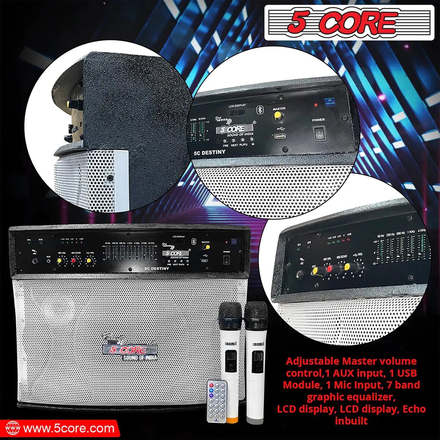 5 Core Wireless Portable PA System  400W PMPO Active Powered Bluetooth Compatible Karaoke Speaker