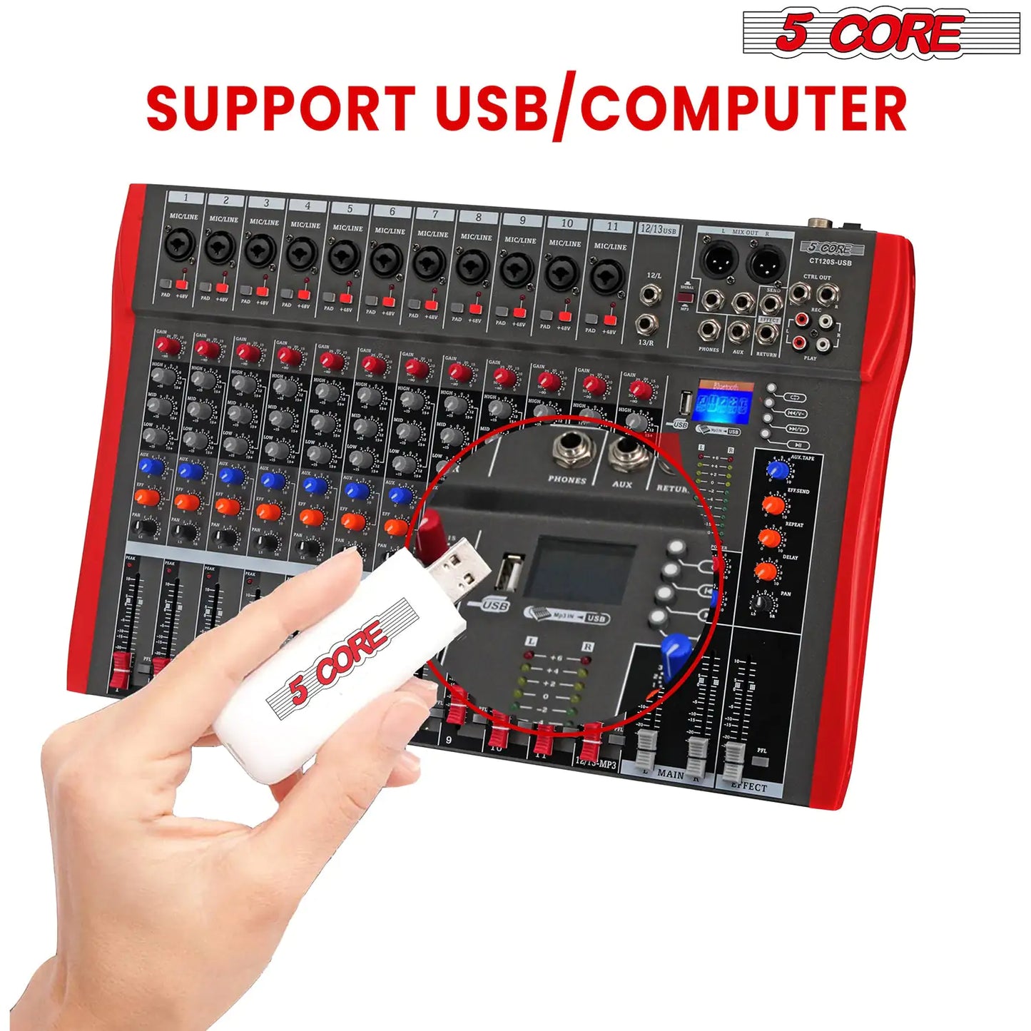 5 Core Audio Mixer 12 Channel DJ Equipment with Bluetooth USB Sound Board Console