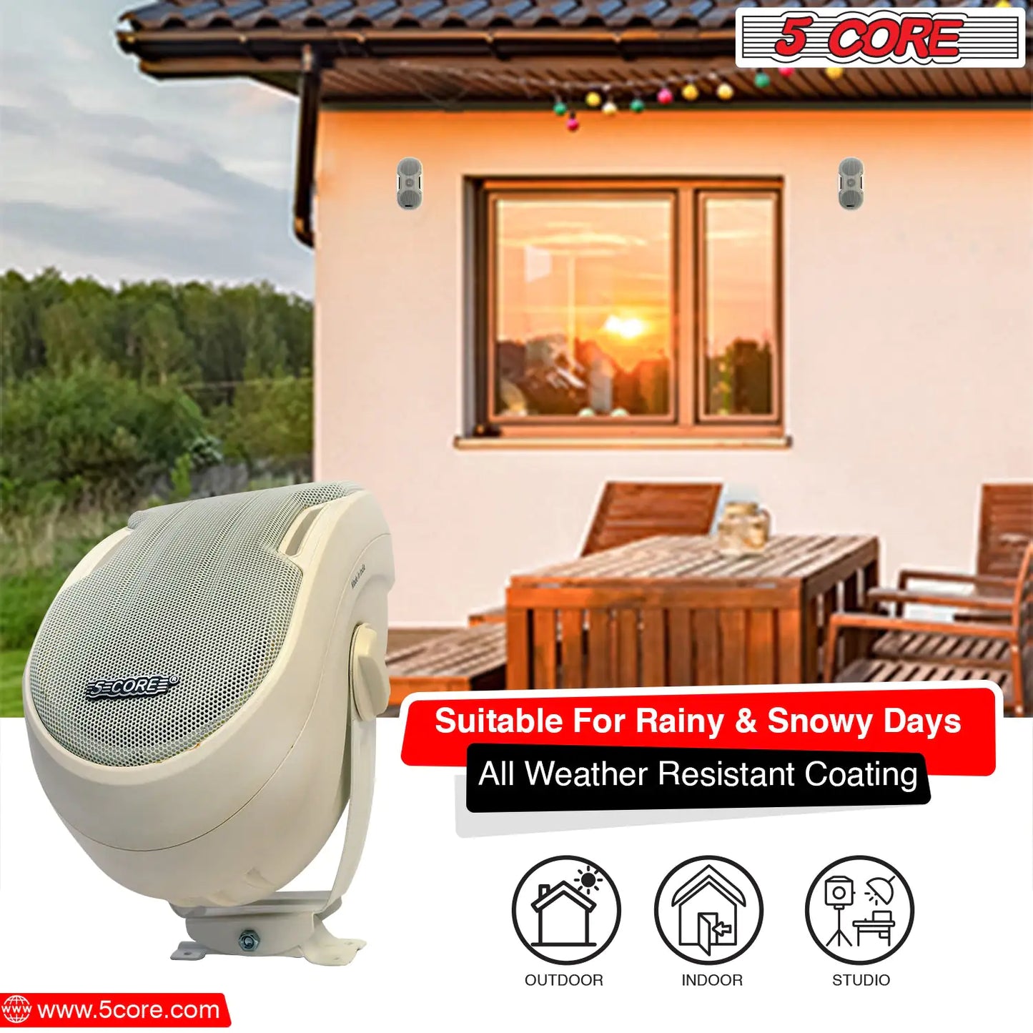 5Core Outdoor Speakers Stereo In Wall 600W Peak Passive Patio Home Wired Waterproof Audio System