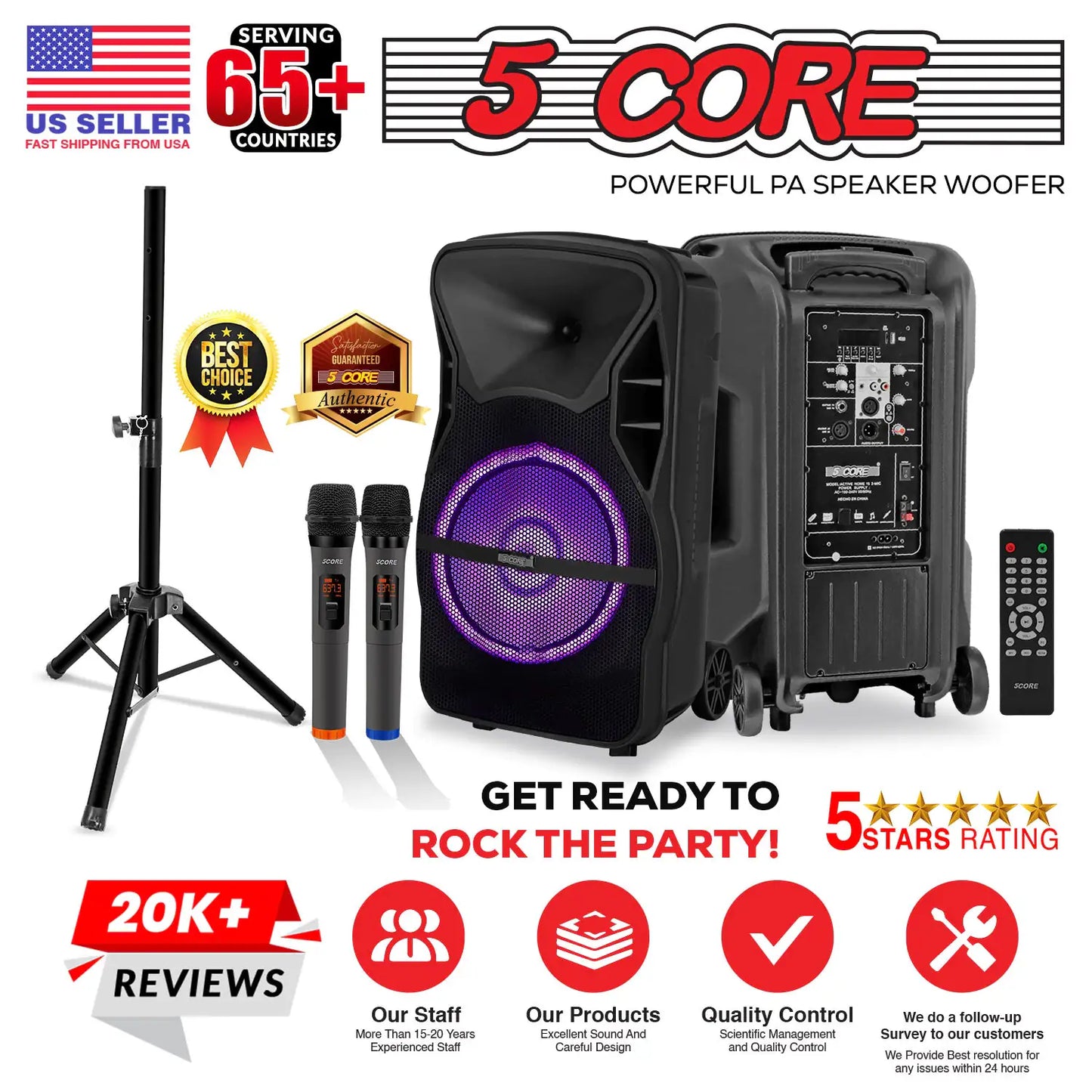 5Core 12 inch PA Portable Bluetooth Party Speaker Karaoke Boombox + 2 Wireless Mics