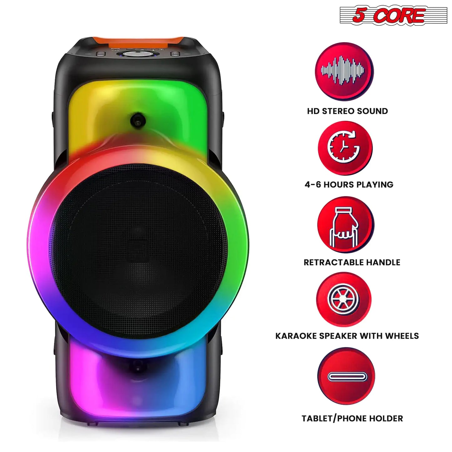 5Core Bluetooth Party Speaker 12 inch PA RGB Partybox Karaoke Machine + 2 Wireless Mic