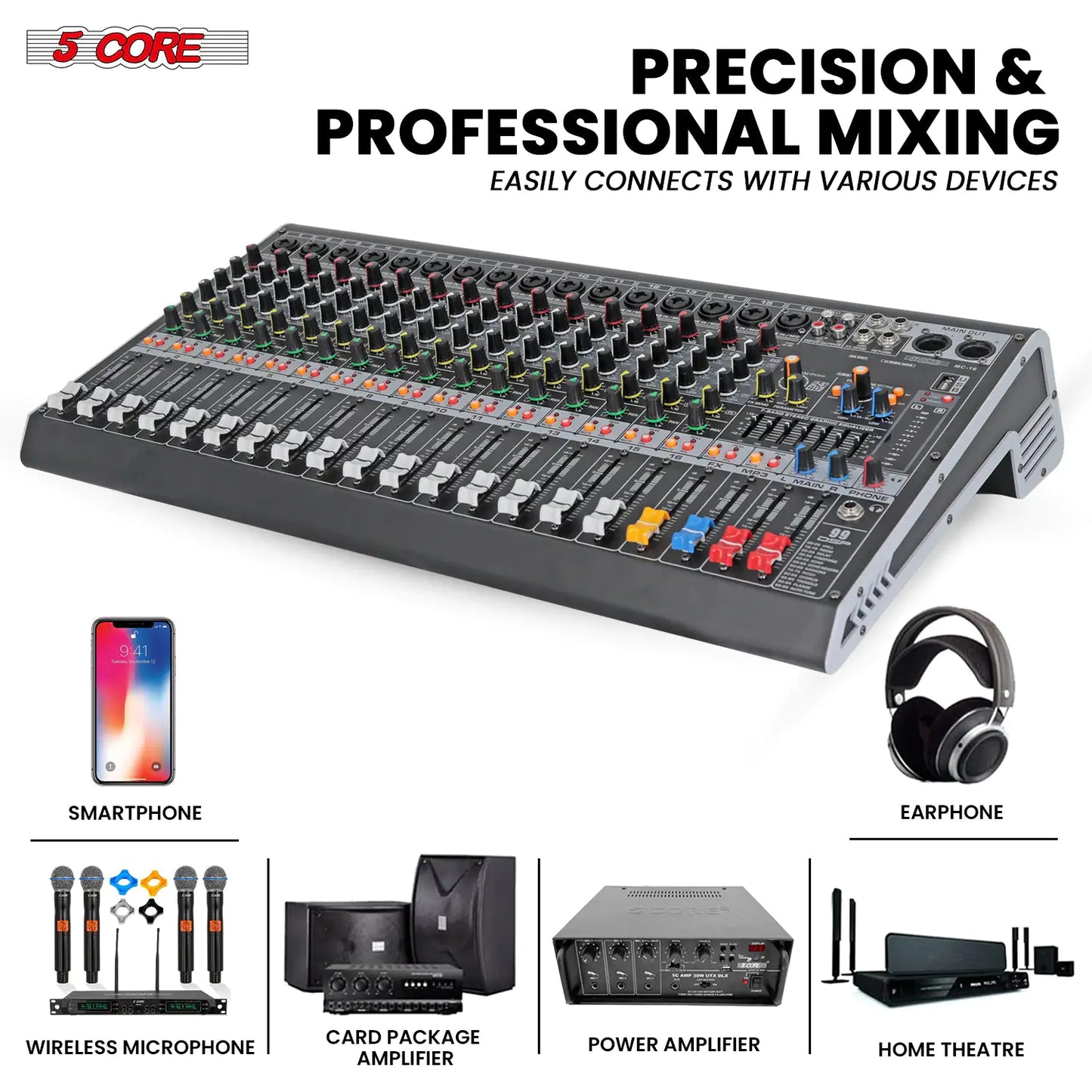 5Core Audio Mixer 16 Channel DJ Mixing Board Bluetooth USB Analog Professional Mezclador De Audio