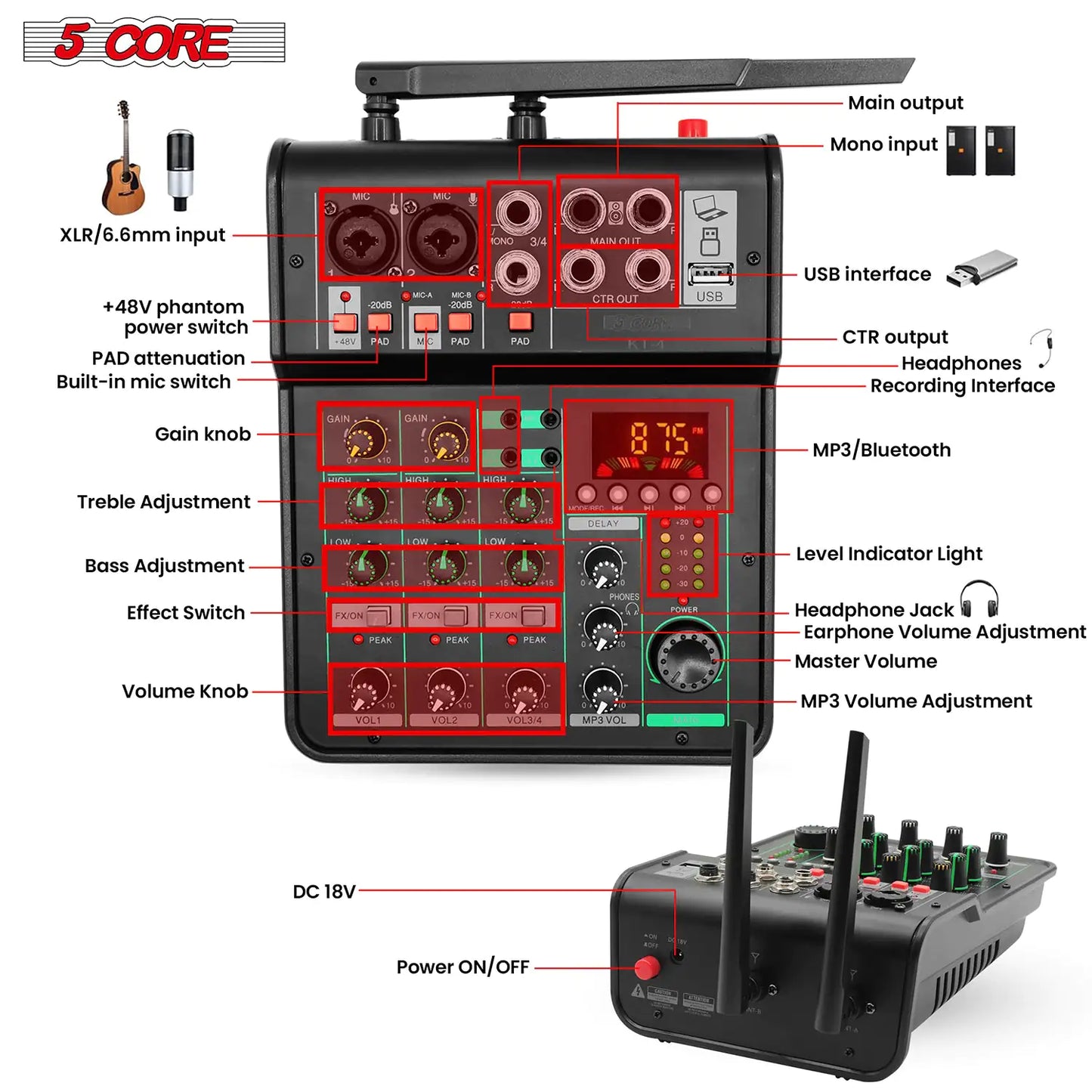 5Core Audio Mixer Sound Board 4 Channel PA DJ Stereo Receiver w Bluetooth USB DJ  PA Karaoke Mixing