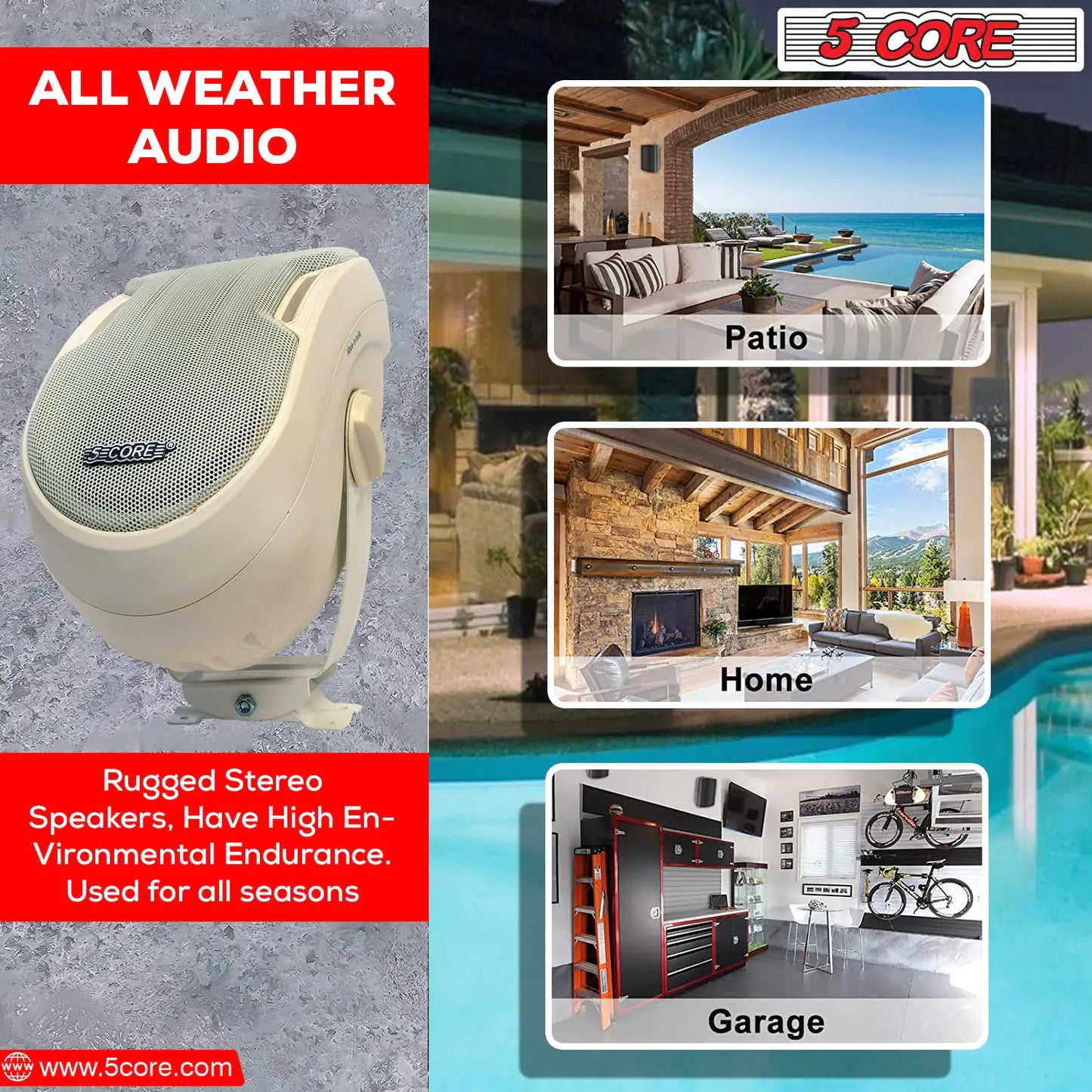 5Core Outdoor Speakers Stereo In Wall 600W Peak Passive Patio Home Wired Waterproof Audio System