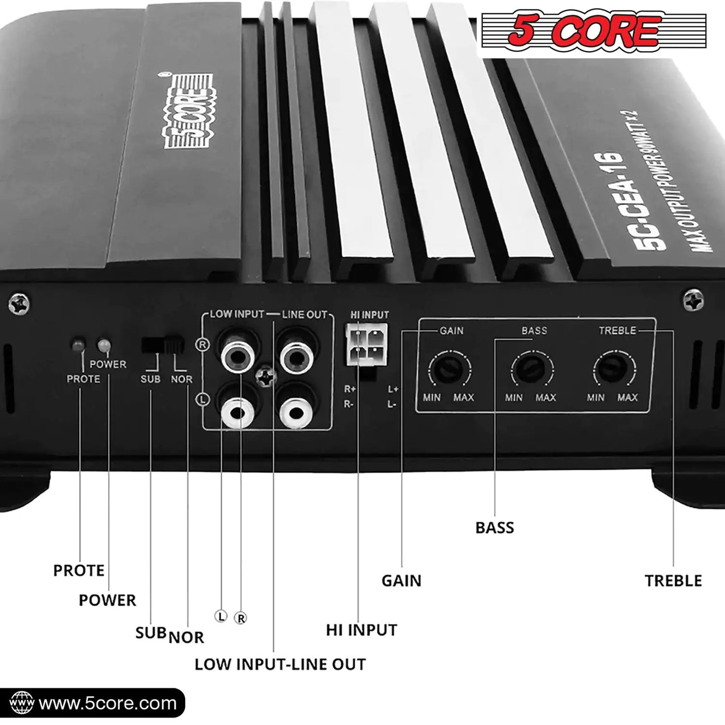 5Core Dual Channel Car Amplifier 1800W Combined Peak Power Sub Woofer Speaker Receiver w RCA Port