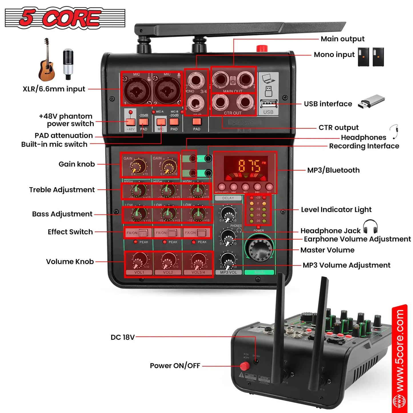 5Core Audio Mixer Sound Board 4 Channel PA DJ Stereo Receiver w Bluetooth USB DJ  PA Karaoke Mixing