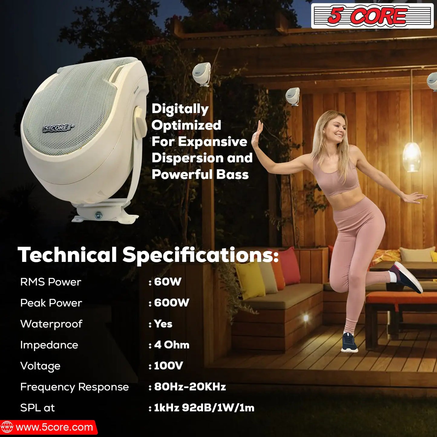 5Core Outdoor Speakers Stereo In Wall 600W Peak Passive Patio Home Wired Waterproof Audio System