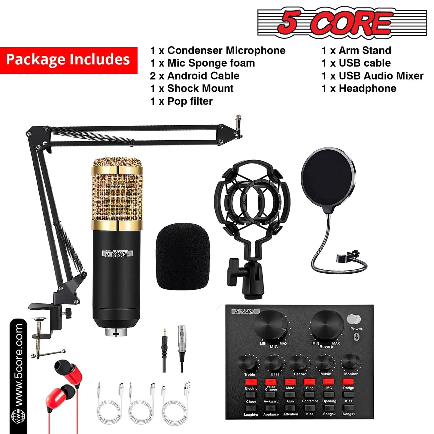 5Core Recording Microphone Podcast Bundle  Professional Condenser Cardioid Mic Kit  w Boom Arm