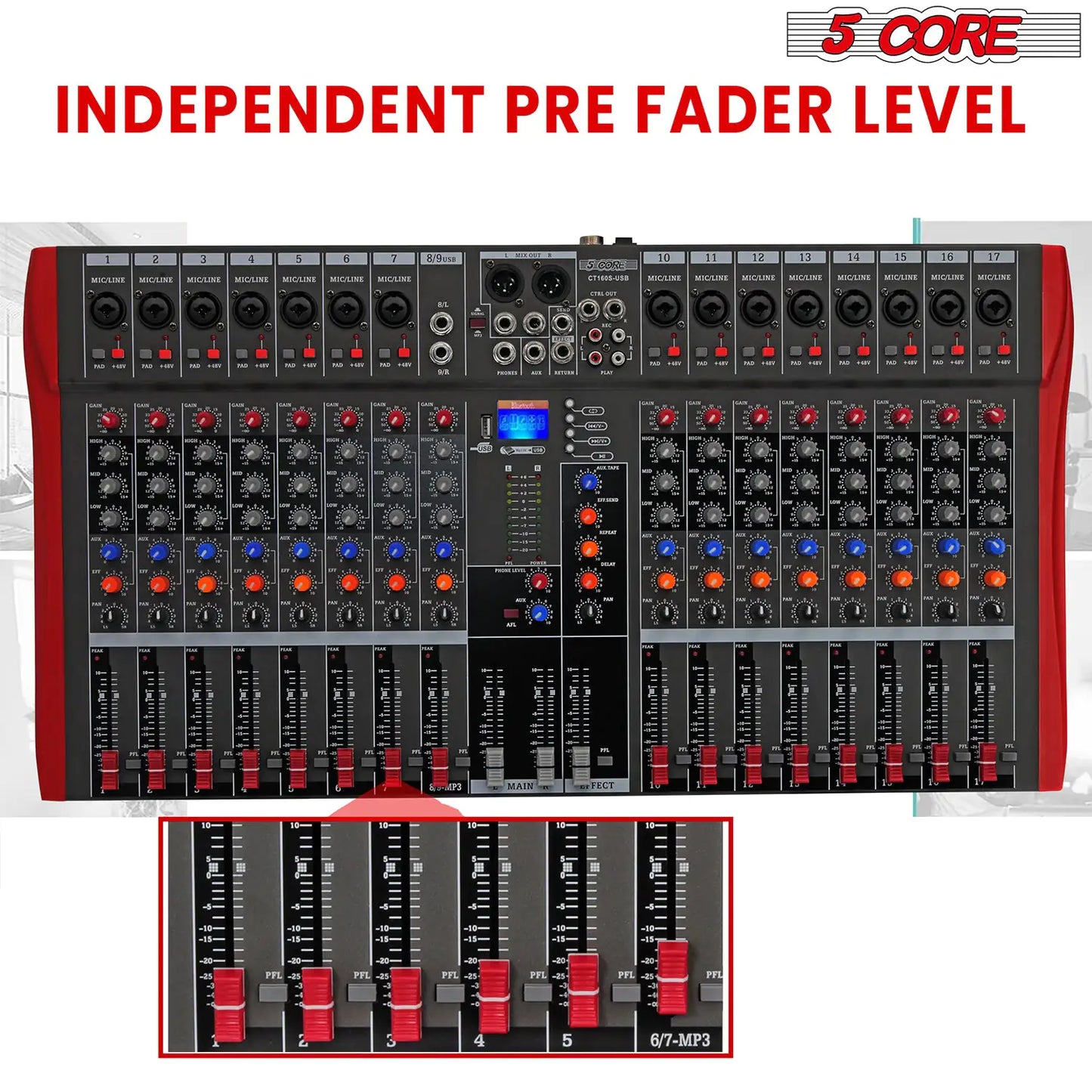 5 Core Audio Mixer 16 Channel DJ Equipment with Bluetooth USB Sound Board Console