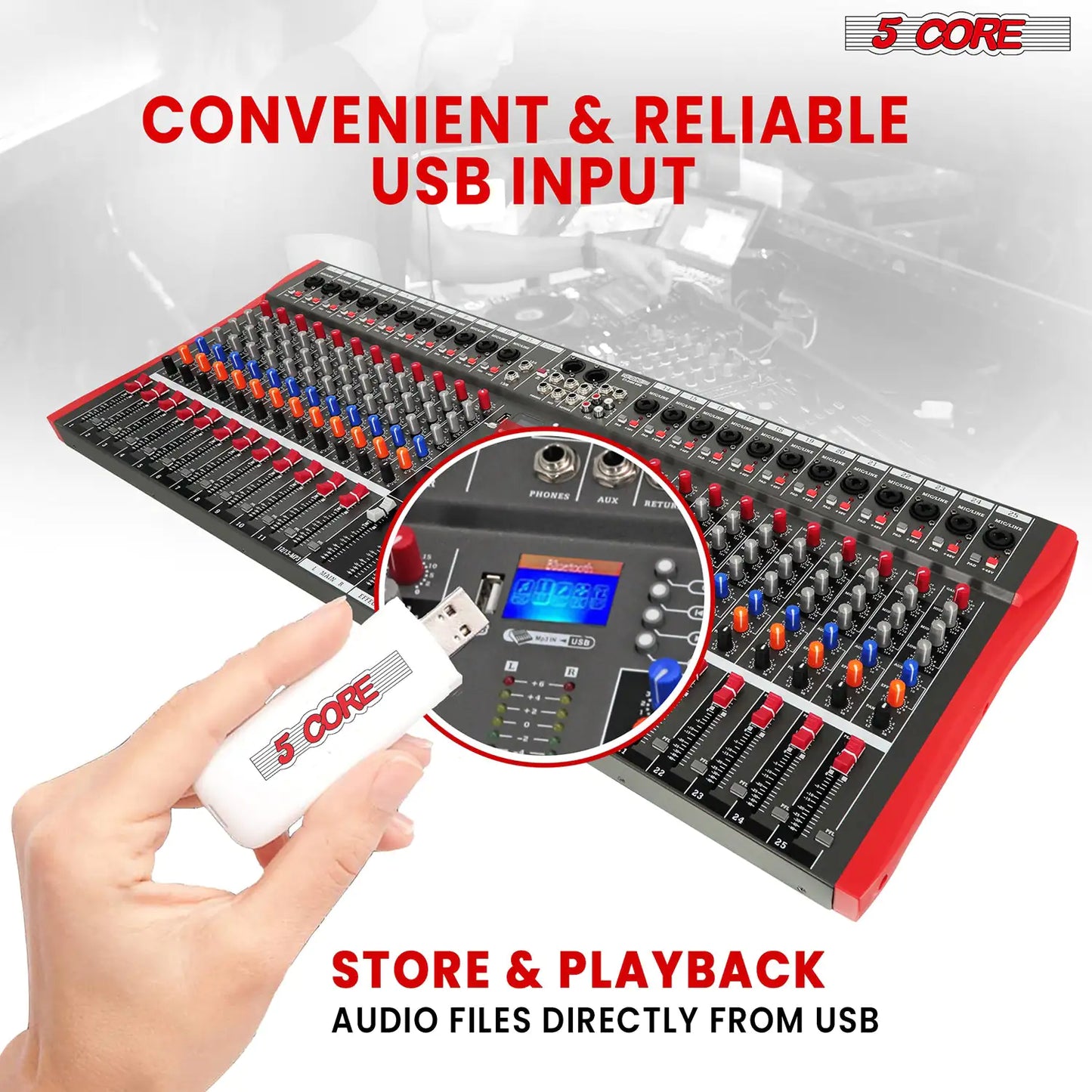 5Core Audio Mixer 24 Channel DJ Mixing Board Bluetooth USB Analog Professional Mezclador De Audio