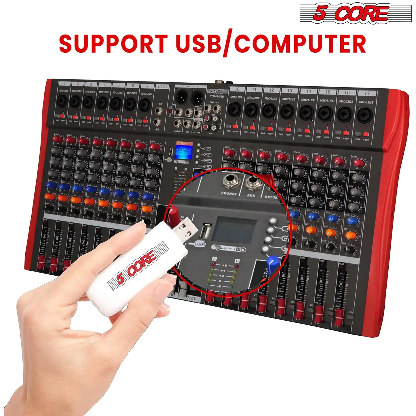 5 Core Audio Mixer 16 Channel DJ Equipment with Bluetooth USB Sound Board Console