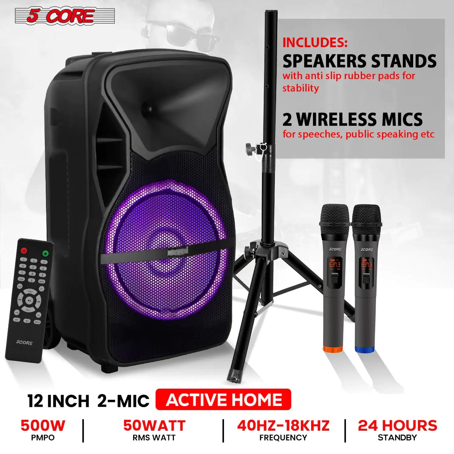 5Core 12 inch PA Portable Bluetooth Party Speaker Karaoke Boombox + 2 Wireless Mics